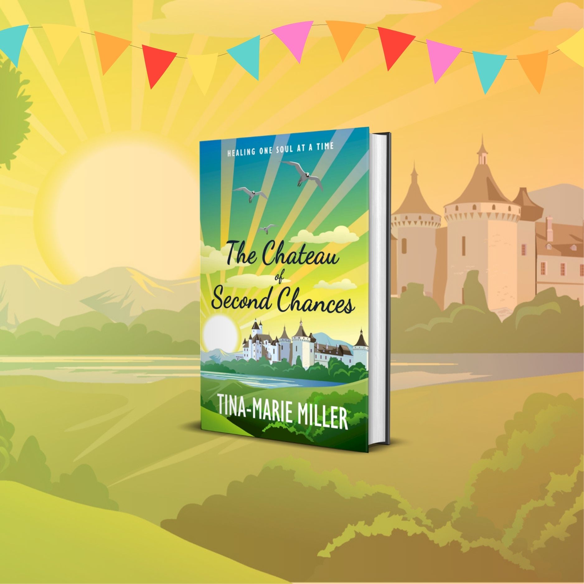 Sun drenched countryside chateau in background with book cover and bunting in front